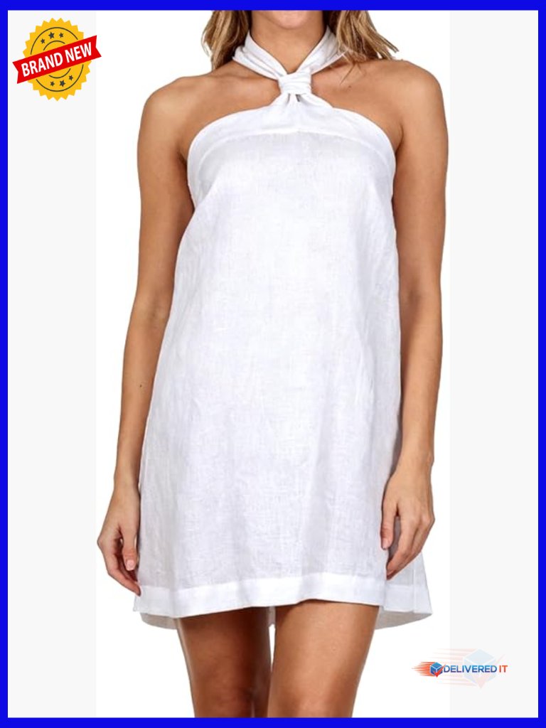 100% Linen Mini Dress Halter Tie Backless Summer Night Out